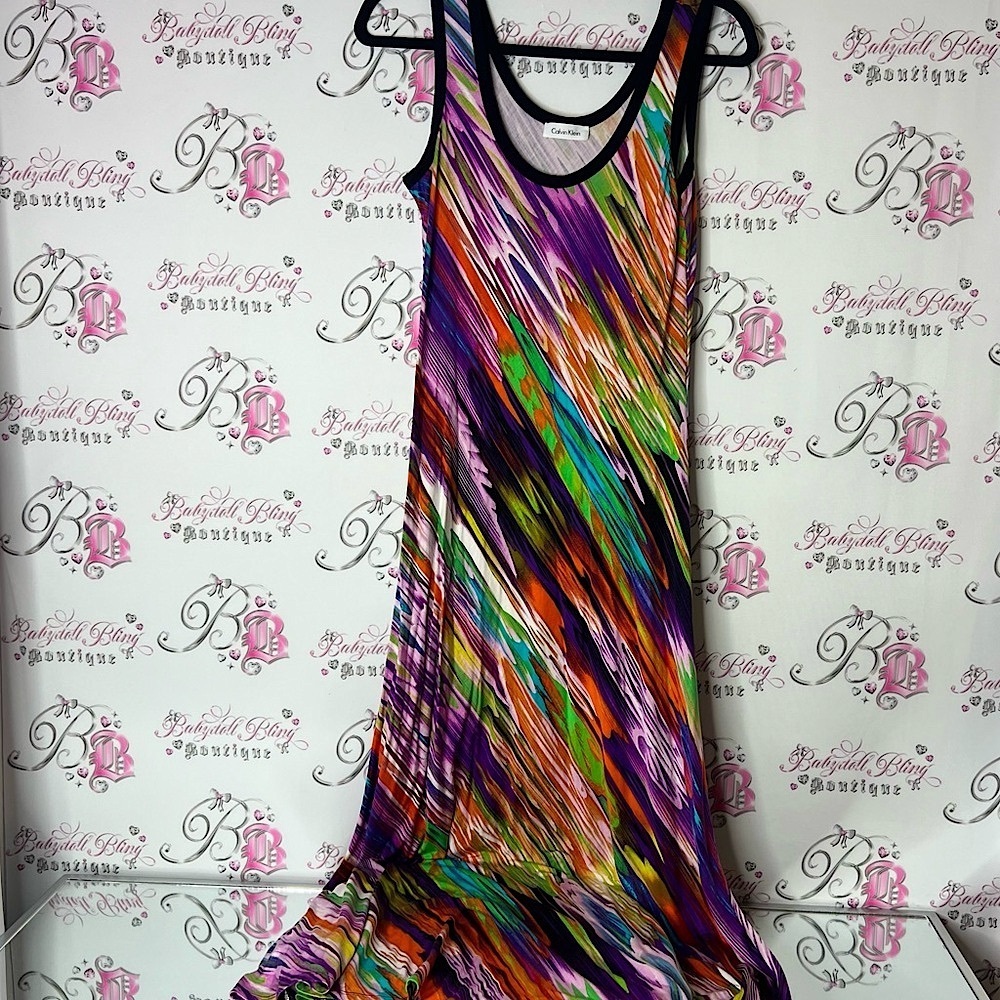 Calvin Klein dress Colorful Abstract Maxi swirl rainbow swoop neck long dress